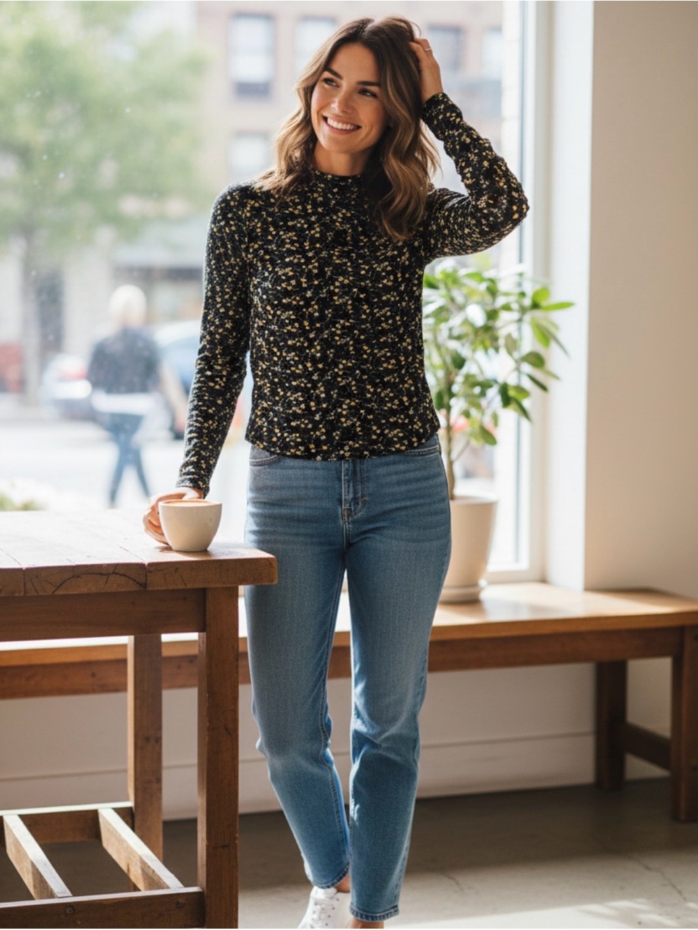 Bloomfield Black Floral Mock Neck Top - Yellow & White Flowers